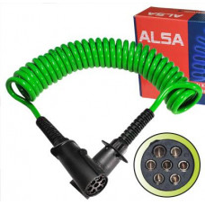 кабель электрический спиральный 7/7 полюсов разъем N-типа (мамы пласт) L=5,5m зеленый усиленный ALSA
